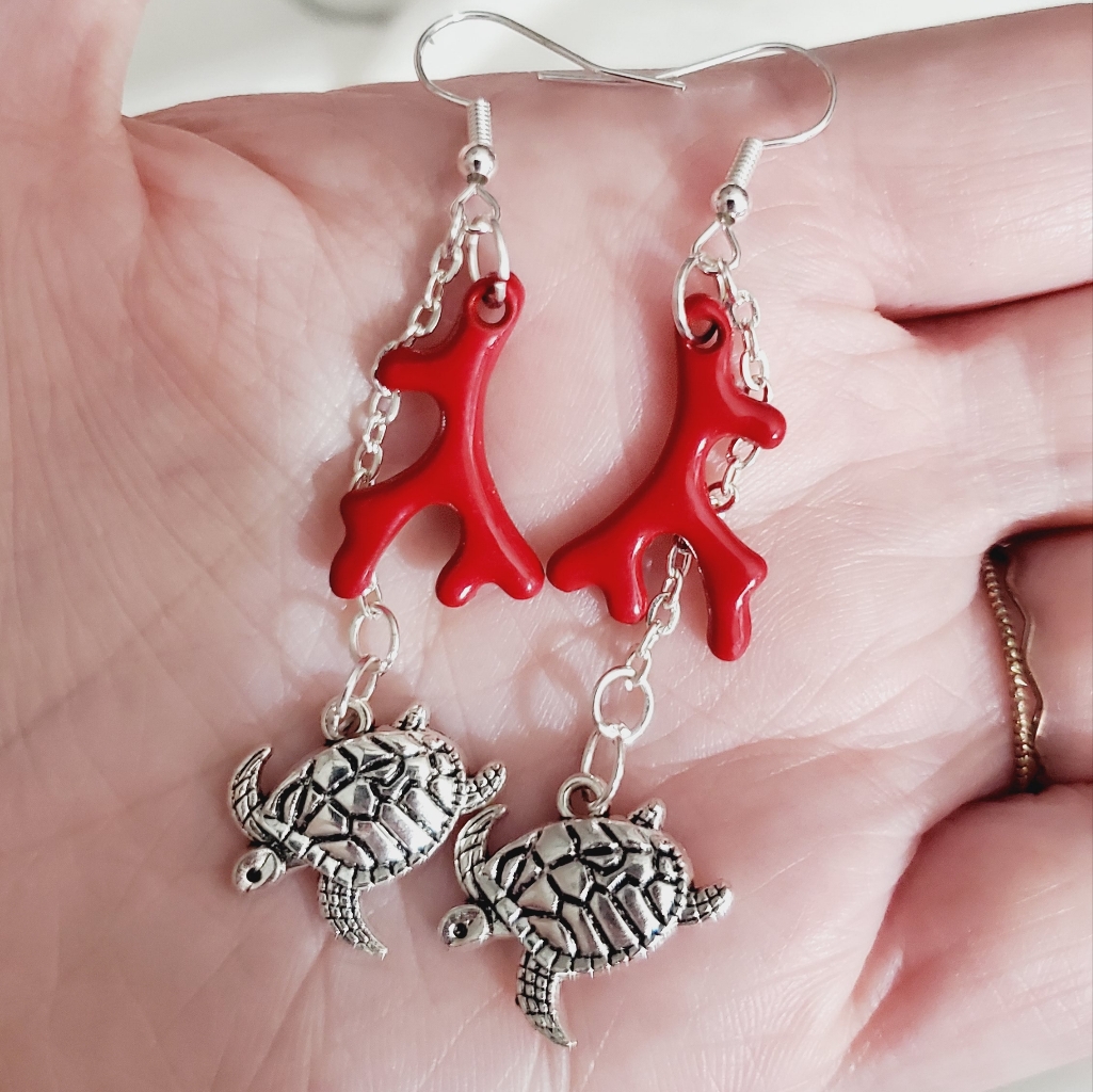 Coral Sea Turtle Chain Earrings Red Silver Handmade Artisan Enamel 28$